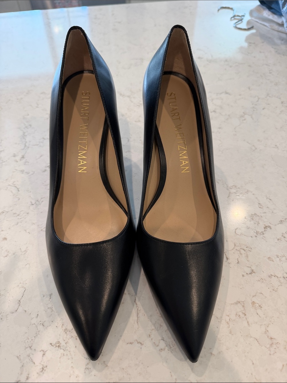 Stuart Weitzman Black Pointed-Toe Leather Pumps